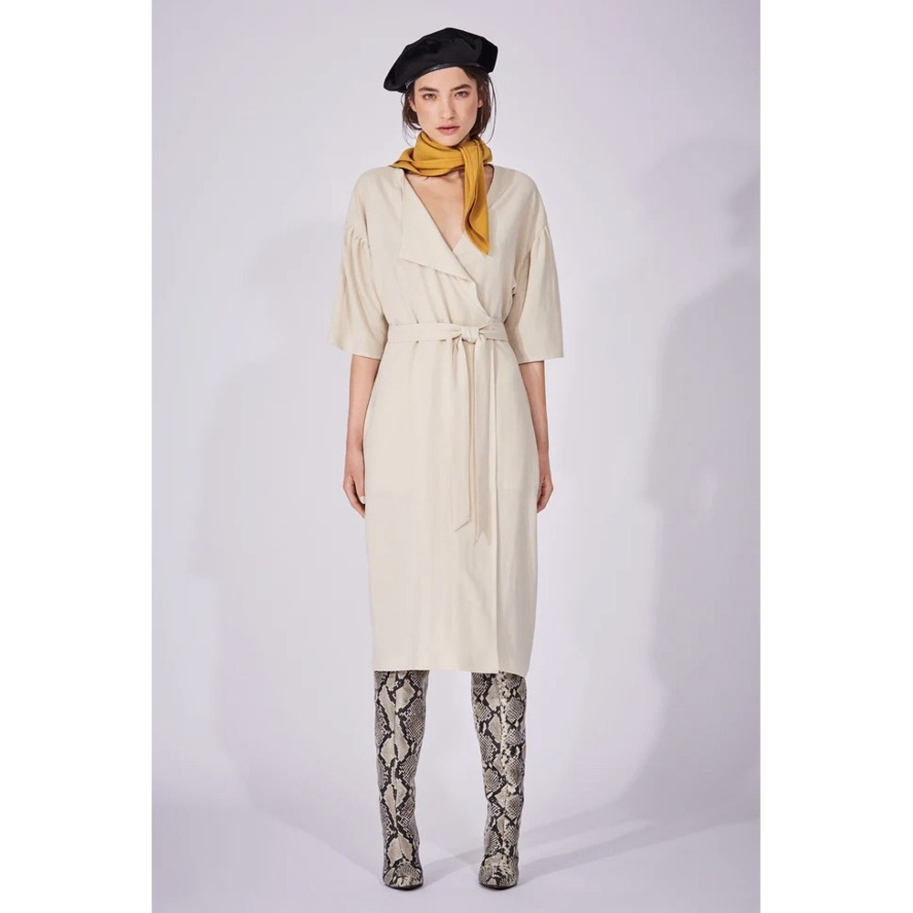 Eve Gravel Womens Silent Circle Linen Blend Wrap Dress Oatmeal Beige V-Neck Midi